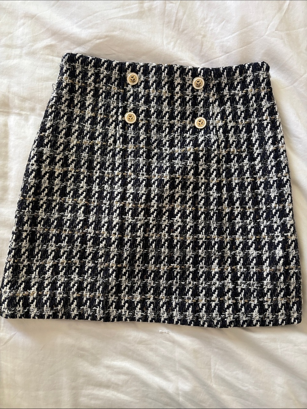 Black & White Houndstooth Mini Skirt with Decorative Buttons